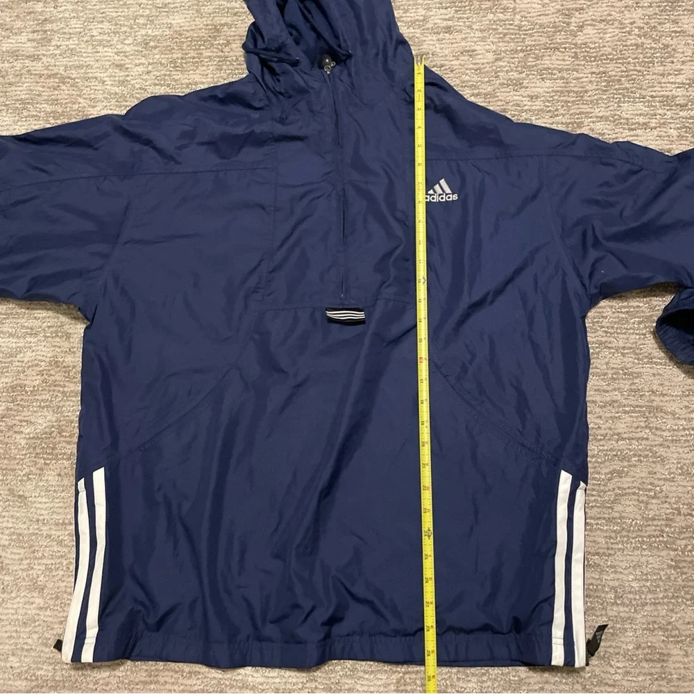 Vintage Adidas 1/4 Zip Dark Blue Hooded Jacket with White Stripes Size L 90s